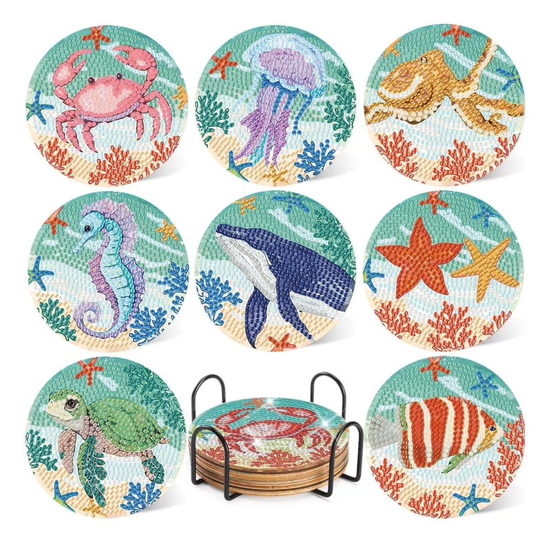 mrpwnle 8 Pack Diamond Art Coasters Kits - Ocean Diamond Painting Coasters Kit Set with Holder Cork Pads, DIY Non Slip Coaster Craft Kits for Adults Beginners Ideal Gifts - Image 1
