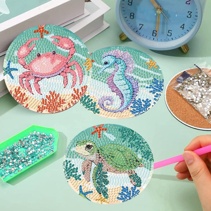 mrpwnle 8 Pack Diamond Art Coasters Kits - Ocean Diamond Painting Coasters Kit Set with Holder Cork Pads, DIY Non Slip Coaster Craft Kits for Adults Beginners Ideal Gifts - Image 5