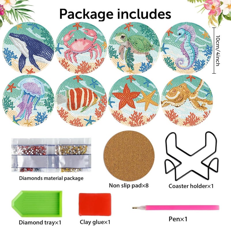 mrpwnle 8 Pack Diamond Art Coasters Kits - Ocean Diamond Painting Coasters Kit Set with Holder Cork Pads, DIY Non Slip Coaster Craft Kits for Adults Beginners Ideal Gifts - Image 2