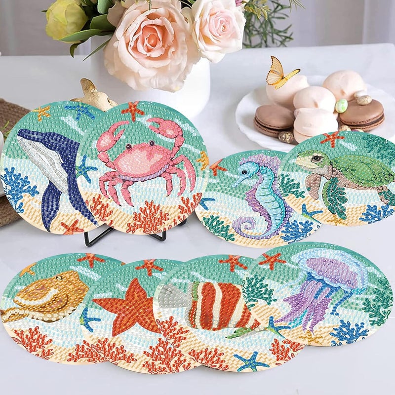 mrpwnle 8 Pack Diamond Art Coasters Kits - Ocean Diamond Painting Coasters Kit Set with Holder Cork Pads, DIY Non Slip Coaster Craft Kits for Adults Beginners Ideal Gifts - Image 3