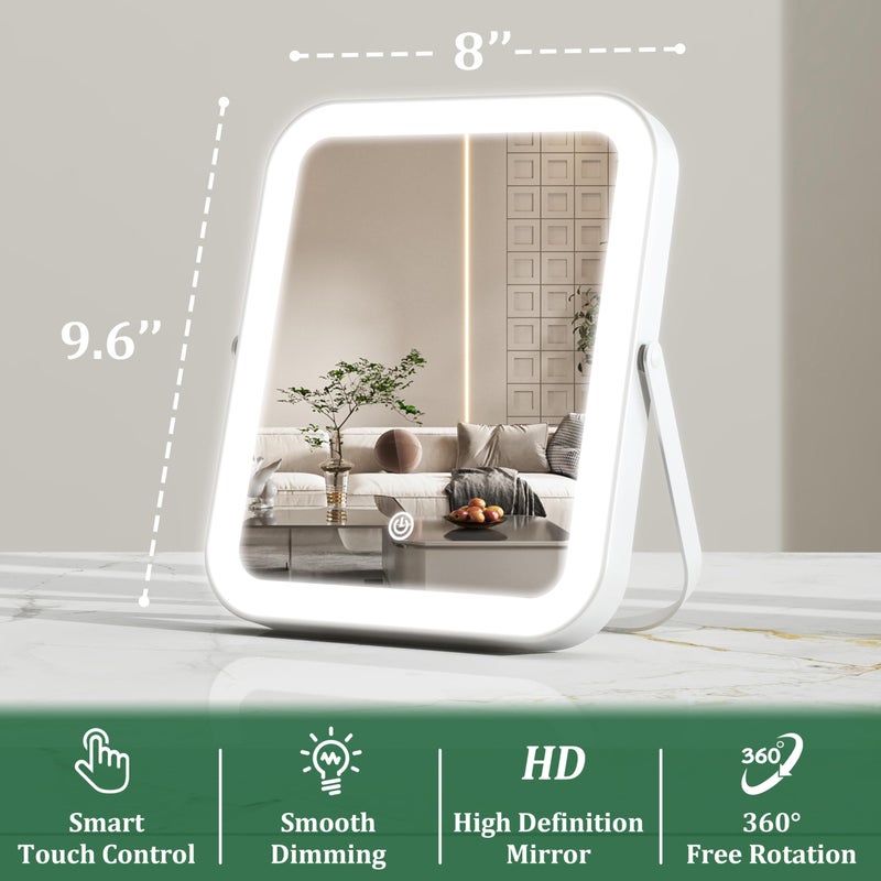 ROLOVE 8x10 Inch Lighted Vanity Mirror, 3-Color Dimmable LED Lighting & Touch Control, Portable Makeup Mirror with U-Bracket for Travel/Dressing Room (White) - Image 3