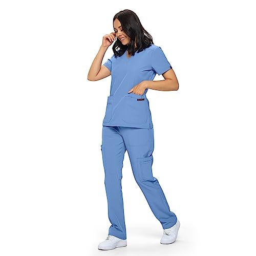 MONARCH UNIFORMS أطقم زى مونيار للتمريض في مقاسات عادية وصغيرة - زى مرن للنساء - مجموعة من بلوزة وسروال تمريض (أزرق سماوي) - م - Image 4