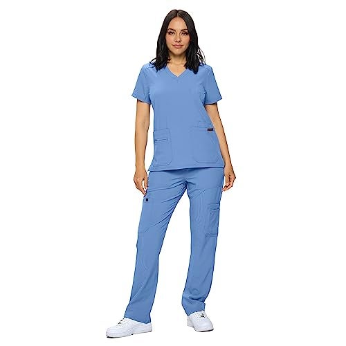 MONARCH UNIFORMS أطقم زى مونيار للتمريض في مقاسات عادية وصغيرة - زى مرن للنساء - مجموعة من بلوزة وسروال تمريض (أزرق سماوي) - م - Image 1