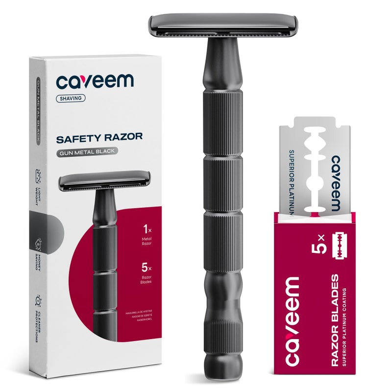 CAVEEM Double-Edge Safety Razor, Single-Blade Razors with 5 Stainless Steel Razor Blades for Men and Women, Reusable Metal Razor â€“ Gun Metal Black - Image 1