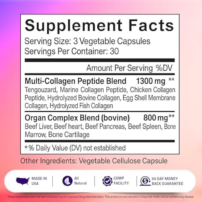 Herbtonics Multi Collagen + Organ Complex Capsules - 5-Type Collagen & Beef Organ Complex for Beauty & Vitality, 90 Capsules. - Image 2