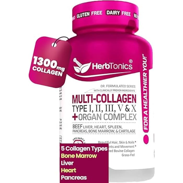 Herbtonics Multi Collagen + Organ Complex Capsules - 5-Type Collagen & Beef Organ Complex for Beauty & Vitality, 90 Capsules. - Image 1