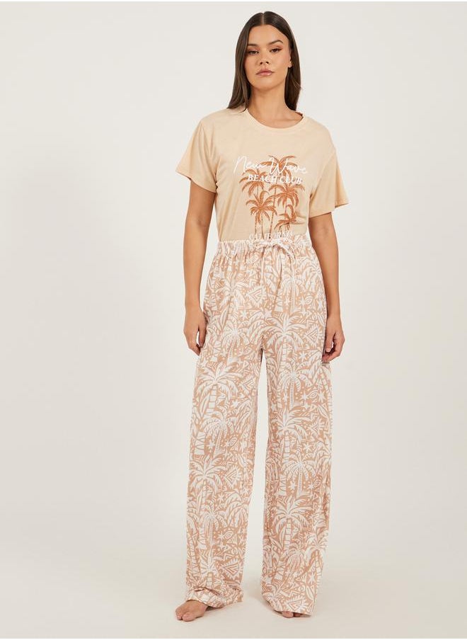 Styli Palm Printed Dropped Shoulder T-Shirt and Pyjama Pants Set  - Image 2