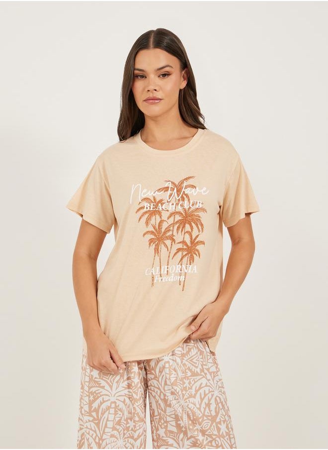 Styli Palm Printed Dropped Shoulder T-Shirt and Pyjama Pants Set  - Image 3