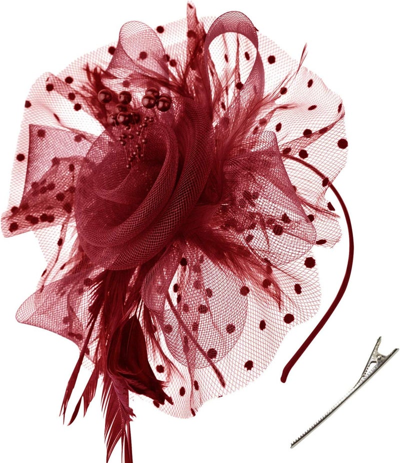 DRESHOW Fascinators Hat Flower Mesh Ribbons Feathers on a Headband and a Clip Tea Party Headwear for Girls and Women - Image 1