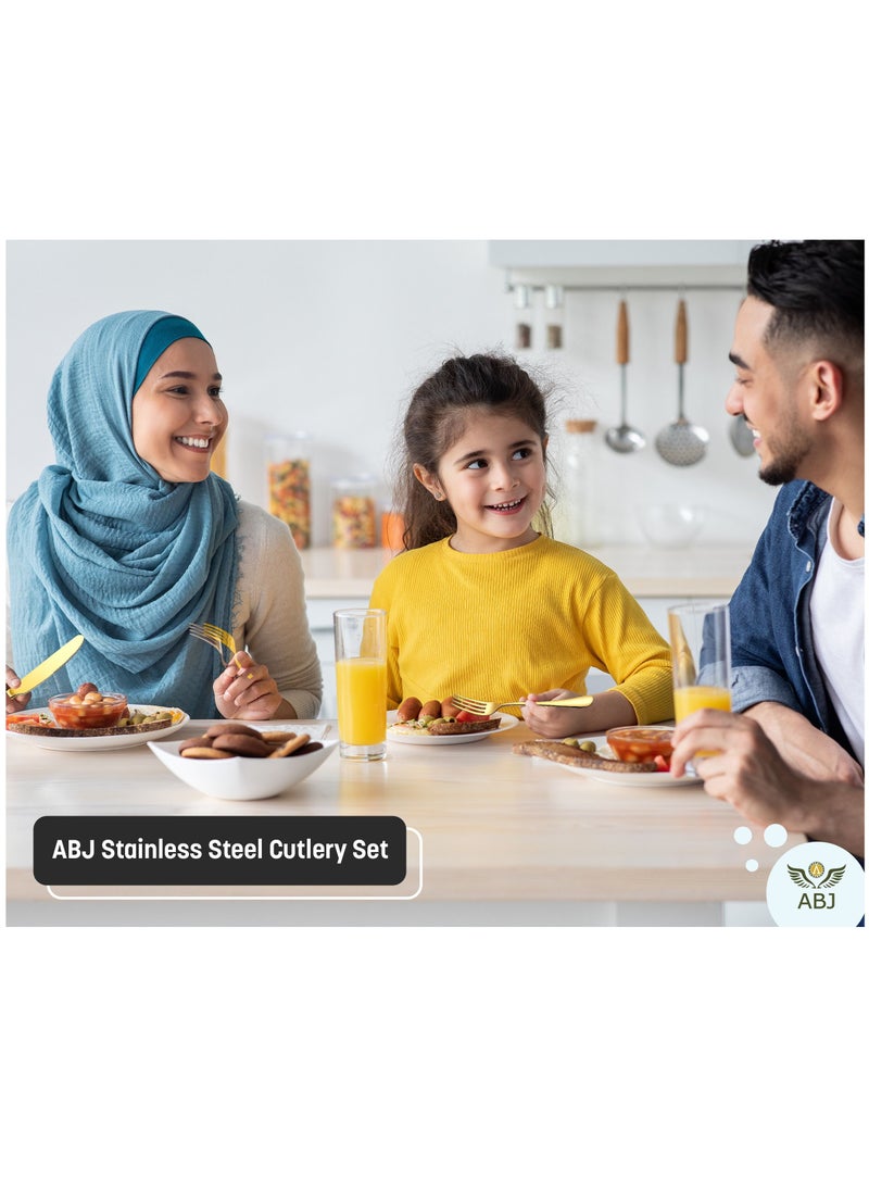 طقم أدوات مائدة من الفولاذ المقاوم للصدأ مكون من 24 قطعة مع صندوق خشبي فاخر (ذهبي) - أدوات مائدة مثالية، أدوات مائدة، طقم عشاء لـ 6 أشخاص - يتضمن طقم ملاعق، طقم سكاكين، طقم شوك - ملاعق، سكاكين، شوكة