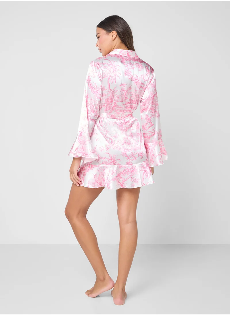 جينجر Satin Printed Robe With Belt