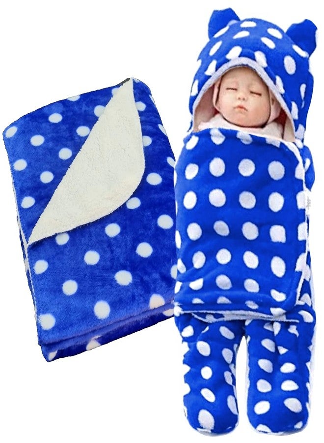 First Kick Cotton Baby Blankets New Born Combo Pack of Wearable Blanket and Star Wrapper Durable for Baby Boys and Baby Girls Pack of 2 Polka Royal Blue - Image 1