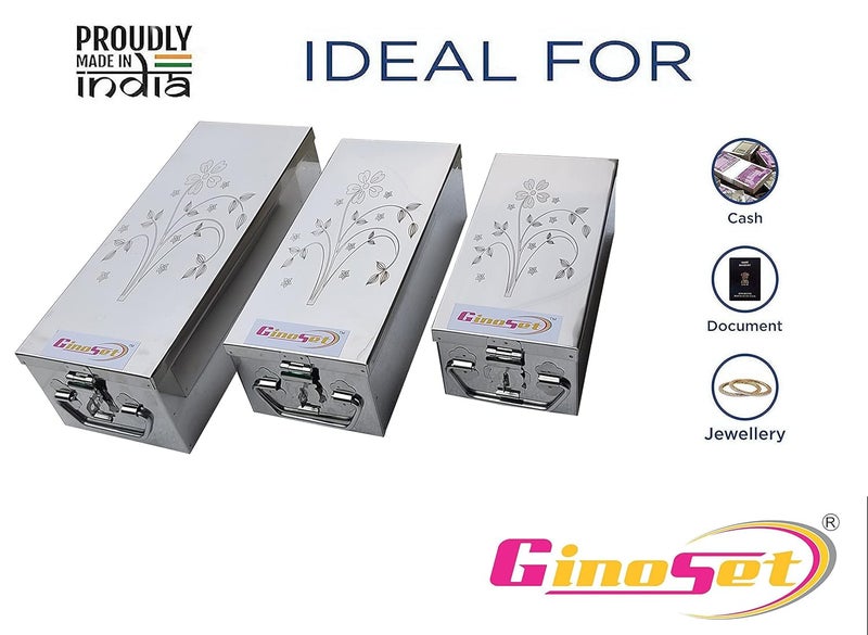 GinoSet صندوق مجوهرات مستطيل من الفولاذ المقاوم للصدأ بأحجام 3 (8 إنش، 10.23 إنش، 12.2 إنش، تصميم ليزر مطبوع - فضي) - Image 2