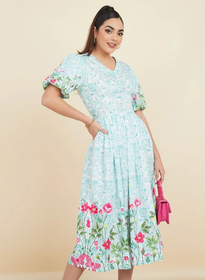 ستايلي Floral Placement Print A-Line Midi Dress