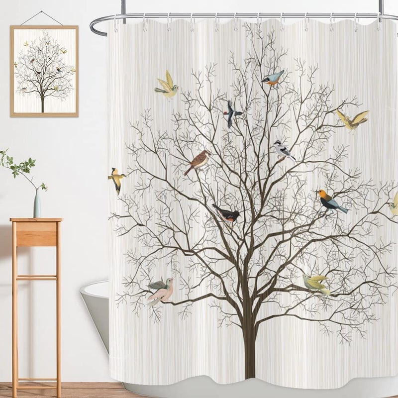 Yeele Bird Shower Curtain Beige Shower Curtain with Birds Boho Shower Curtain for Bathroom Waterproof Fabric Fallen Leaf Shower Curtains Cartoon Kids Curtain Bathroom Decor72x72in