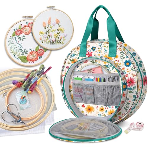 FINPAC Embroidery Project Bag Embroidery Supplies Storage Carrying Tote Case with Multiple Pockets for Floss Hoops Thread Stitch Tools Kit Bag Only Apricot Bloom - Image 1