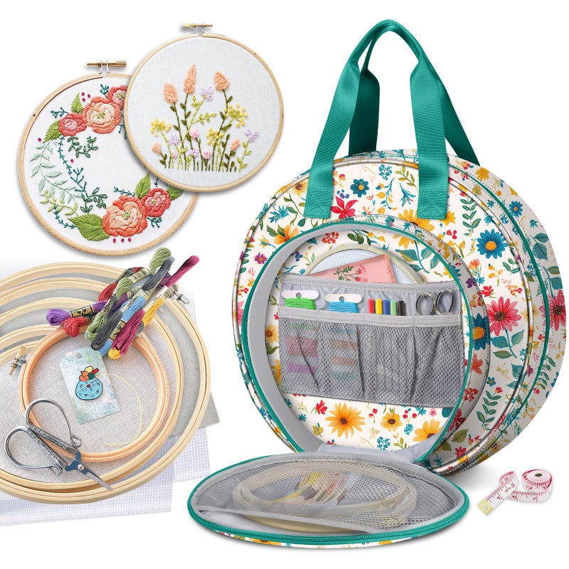 FINPAC Embroidery Project Bag Embroidery Supplies Storage Carrying Tote Case with Multiple Pockets for Floss Hoops Thread Stitch Tools Kit Bag Only Apricot Bloom - Image 2