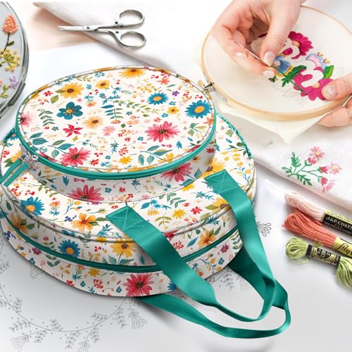 FINPAC Embroidery Project Bag Embroidery Supplies Storage Carrying Tote Case with Multiple Pockets for Floss Hoops Thread Stitch Tools Kit Bag Only Apricot Bloom - Image 3