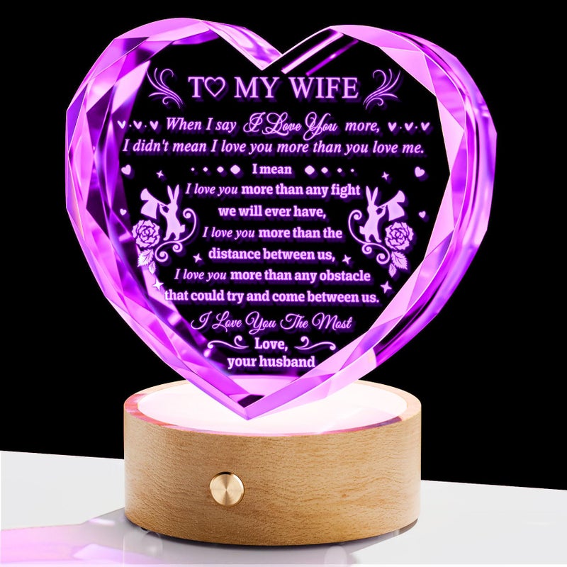 YWHL Gifts for Wife from Husband  Wife Birthday Gifts  Romantic Heart Crystal I Love You Gifts for Wife with Colorful Led Base  Valentine's Day Wedding Anniversary Present Ideas for Wife - Image 1