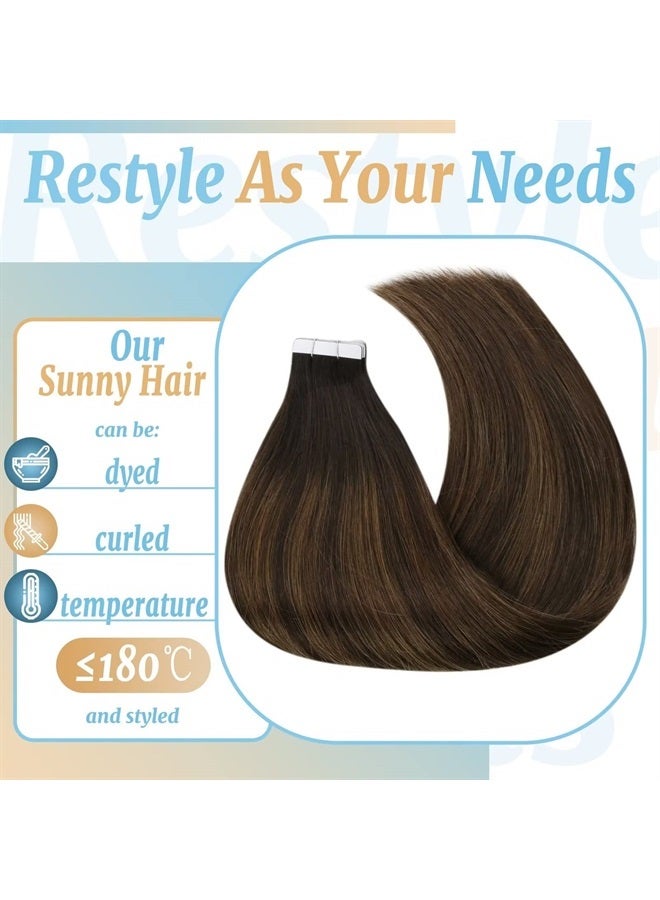 VeSunny Brown Tape in Hair Extensions Human Hair Brown Balayage Tape in Human Hair Extensions Dark Brown Mixed Chestnut Brown Balayage Tape in Extensions Real Human Hair Brown 20pcs 50g 14in