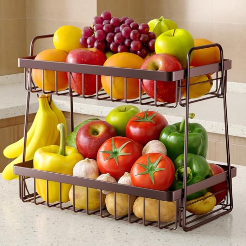 Sakugi Fruit Basket for Kitchen Counter 2Tier Fruit Bowl with Removable Banana Hanger Handles Rustproof Fruit Holder for Kitchen Living Room Bathroom 13487117 Brown - Image 1
