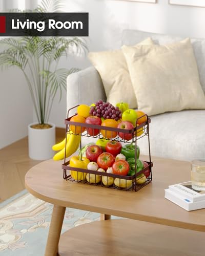 Sakugi Fruit Basket for Kitchen Counter 2Tier Fruit Bowl with Removable Banana Hanger Handles Rustproof Fruit Holder for Kitchen Living Room Bathroom 13487117 Brown - Image 3