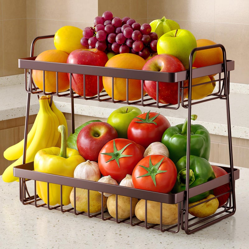 Sakugi Fruit Basket for Kitchen Counter 2Tier Fruit Bowl with Removable Banana Hanger Handles Rustproof Fruit Holder for Kitchen Living Room Bathroom 13487117 Brown - Image 2