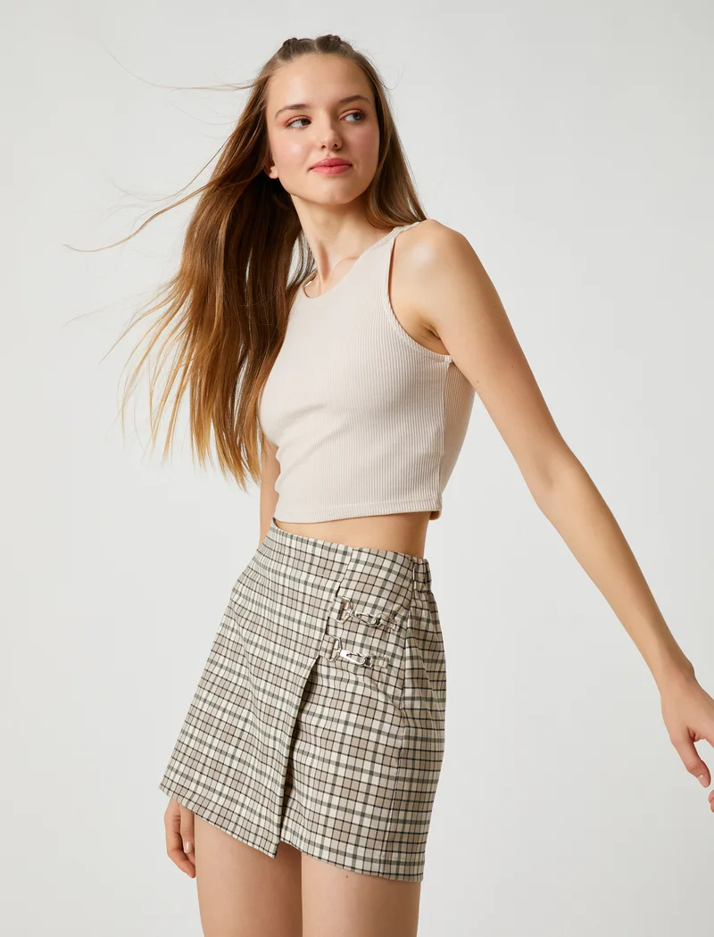 KOTON Metal Accessory Detail Patterned Viscose Mini Skort