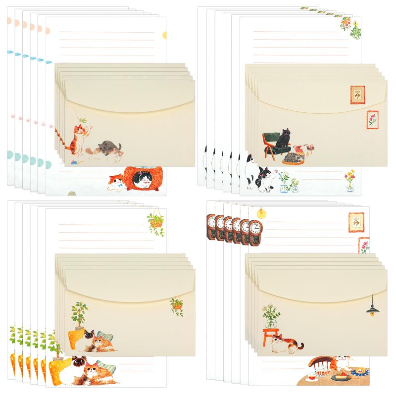 Heclia Writing Paper and Envelopes Set, 36pcs Vintage Fresh Cute Cat Letter Stationery Set, Letter Writing Paper for Invitations, Decorations Holiday Party, 24 Lined Stationery Cards with 12 Envelops - Image 1