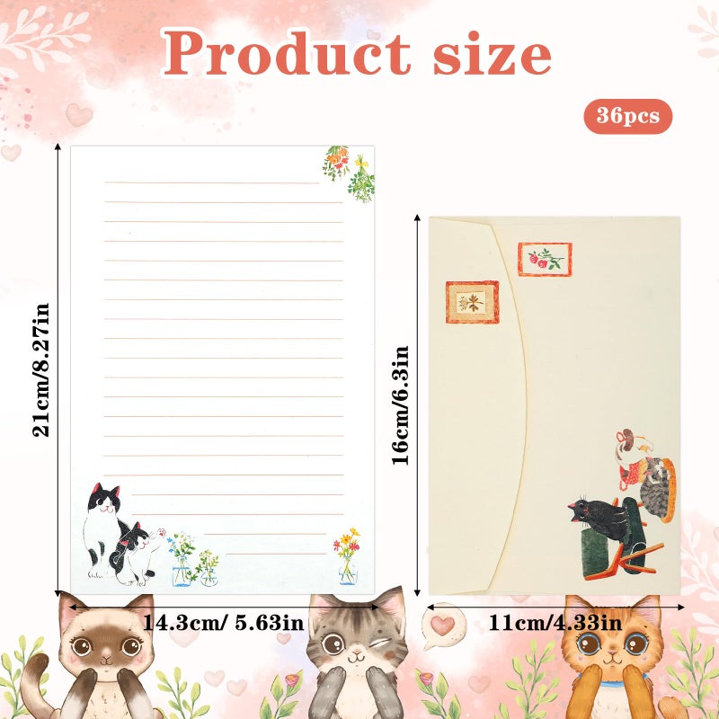 Heclia Writing Paper and Envelopes Set, 36pcs Vintage Fresh Cute Cat Letter Stationery Set, Letter Writing Paper for Invitations, Decorations Holiday Party, 24 Lined Stationery Cards with 12 Envelops - Image 2