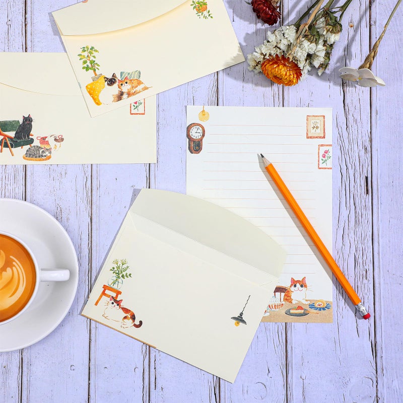 Heclia Writing Paper and Envelopes Set, 36pcs Vintage Fresh Cute Cat Letter Stationery Set, Letter Writing Paper for Invitations, Decorations Holiday Party, 24 Lined Stationery Cards with 12 Envelops - Image 3