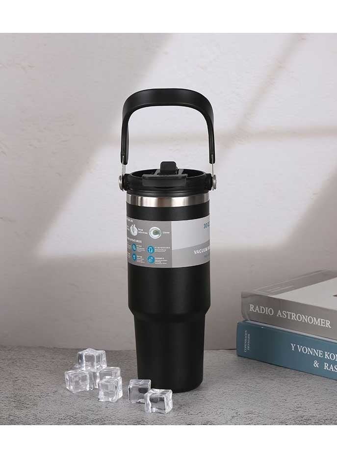 Generic Tumbler with Handle and Flip Straw, Stainless Steel Vacuum Insulated Water Bottle Travel Mug Thermal Cup for Home, Office, Car, Outdoors, Sports（Black） - Image 1