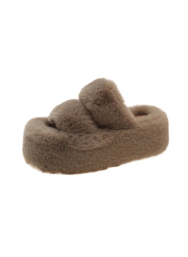 New Style Double-strap Furry Thick-soled Slippers For Women, Autumn And Winter Double-strip Wedge Warm Cotton Slippers Source