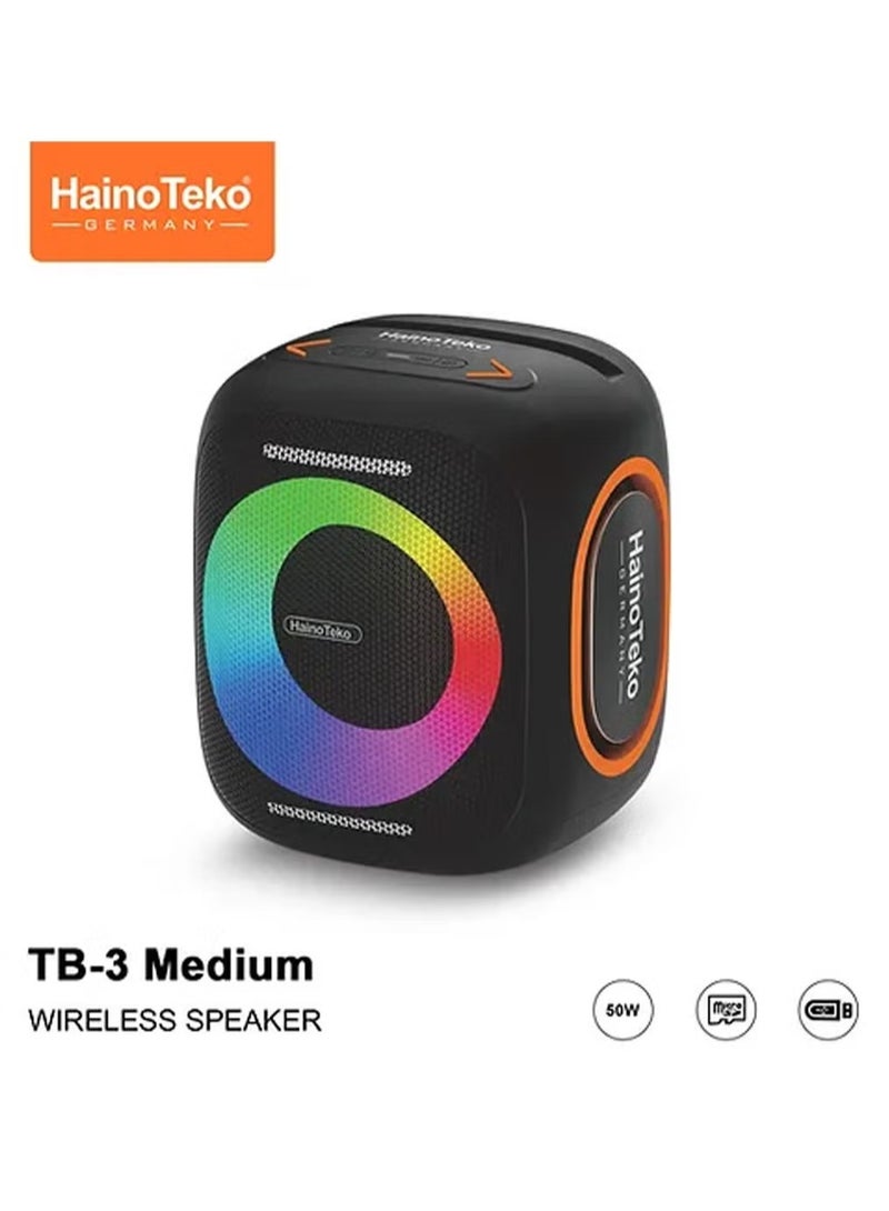 HainoTeko TB-3 Medium Wireless Portable Bluetooth Speaker with RGB Lighting – 50W Output Power, Multi-Functional Button Control, Compact Design, Black - Image 1