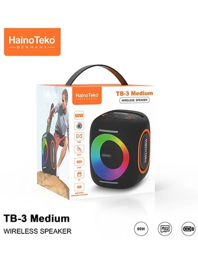 HainoTeko TB-3 Medium Wireless Portable Bluetooth Speaker with RGB Lighting – 50W Output Power, Multi-Functional Button Control, Compact Design, Black - Image 4