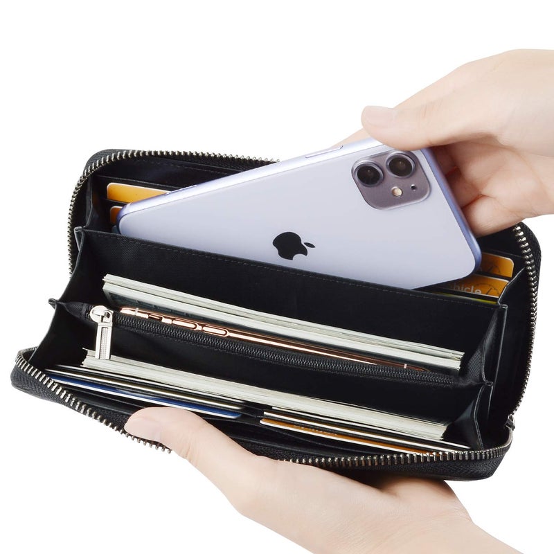 VISOUL Leather Long Zippered Pouch Wallet for Men with RFID Blocking, Large Carbon Fiber Leather Clutch Cash Long Wallet with Zipper (Black+Black) - Image 3