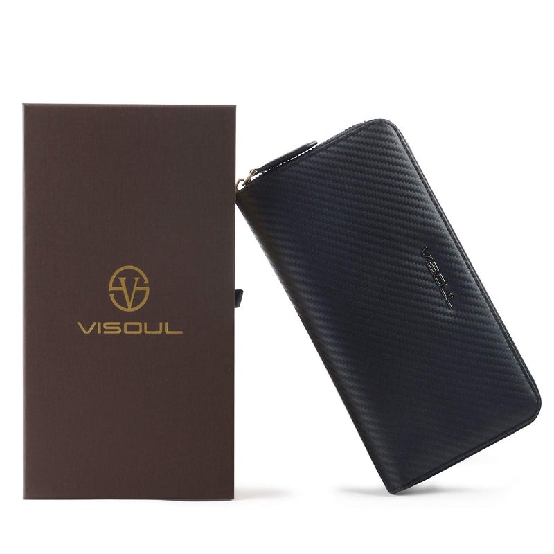 VISOUL Leather Long Zippered Pouch Wallet for Men with RFID Blocking, Large Carbon Fiber Leather Clutch Cash Long Wallet with Zipper (Black+Black) - Image 5