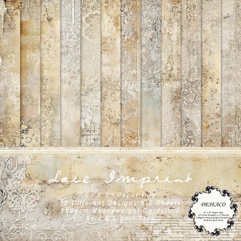 DESEACO 24 Sheets Vintage Lace Scrapbooking Paper Pad 6x6, Neutral Aged Background Craft Paper for Adult Journaling, Card Making, Collage & DIY Scrapbook Projects - Image 1