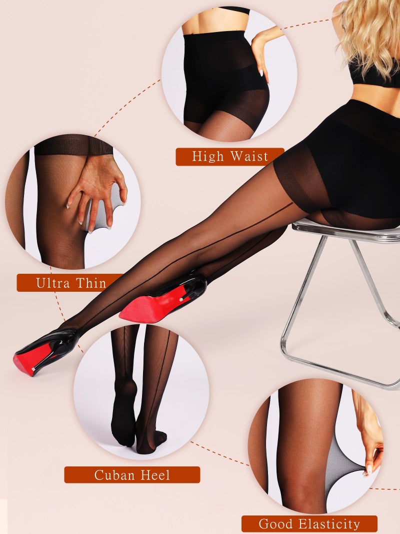 HONENNA Backseam Sheer Tights for Women 2 Pairs High Waist Patterned Cuban Heel Pantyhose With Control Top - Image 3