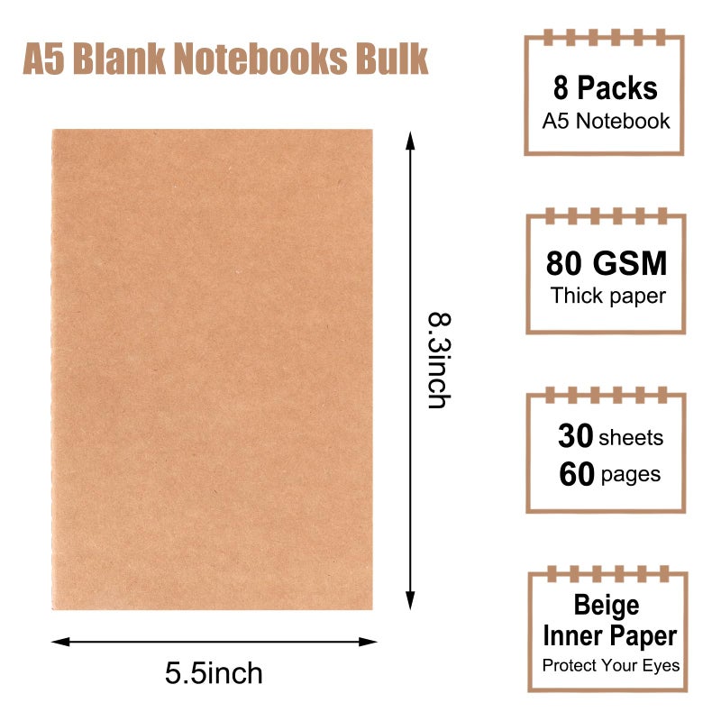 EOOUT 8 Pack Blank Kraft Notebooks, A5 Journals Notebook Bulk, Unlined Paper Sketchbooks, 8.3 x 5.5 inches 60 Pages Travel Journal Set for Journaling, Student, Kids, Writing - Image 2