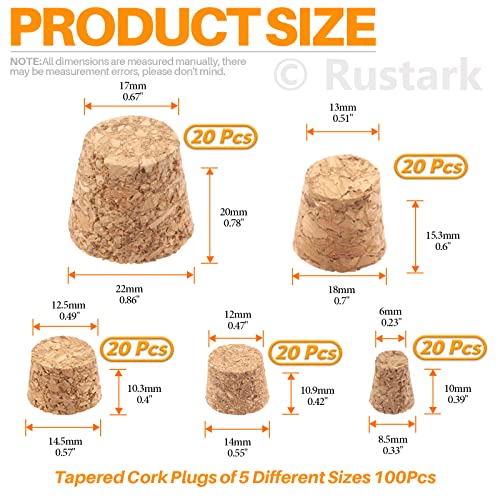 Rustark 100Pcs 5 Sizes Mini Cork Stoppers Tapered Cork Plugs Small Corks Assortment Wooden Replacement Assorted Corks for Craft Glass Jars Wine Bottles - Image 2