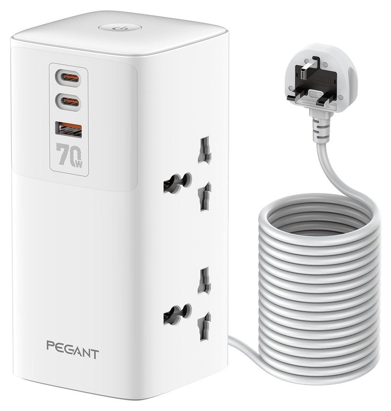 PEGANT 3-in-1 Power Extension Cord 5 Way Universal Outlets 3 USB Fast Charging Ports 2 Tablet Holder Trays Tidy Box Socket Lead 2M Cable Organizer Power Strip for Child & Pets Safety - Image 1