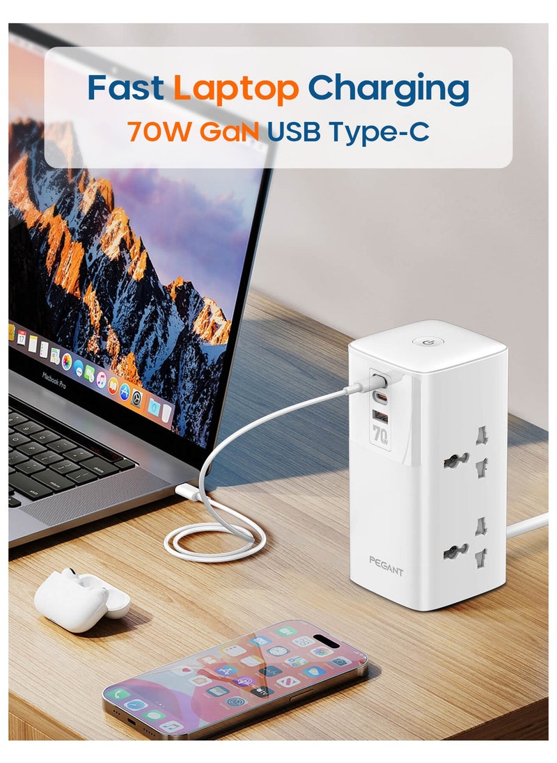 PEGANT - 3-in-1 Power Extension Cord 5 Way Universal Outlets 3 USB Fast Charging Ports 2 Tablet Holder Trays Tidy Box Socket Lead 2M Cable Organizer Power Strip for Child & Pets Safety - Image 1