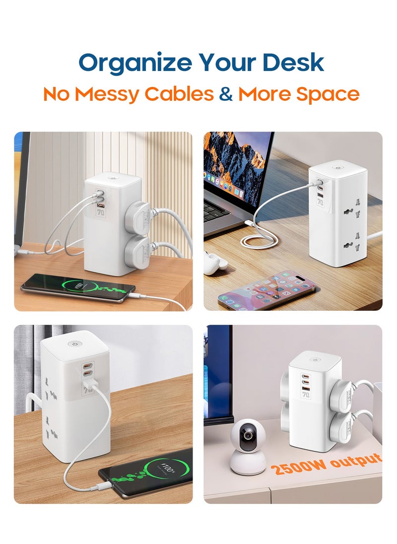 PEGANT - 3-in-1 Power Extension Cord 5 Way Universal Outlets 3 USB Fast Charging Ports 2 Tablet Holder Trays Tidy Box Socket Lead 2M Cable Organizer Power Strip for Child & Pets Safety - Image 1