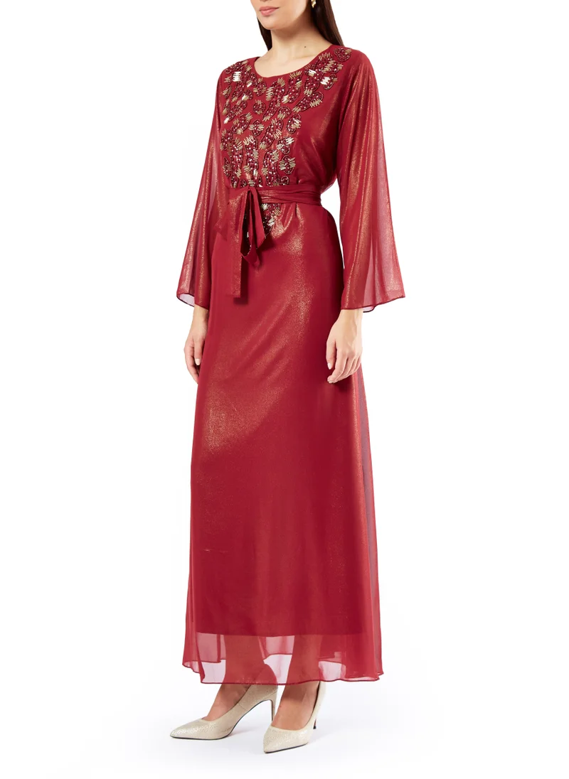 امري Simple And Elegant Chiffon A-Line Long Dress With Beautiful Embroidery Details And Round Neckline