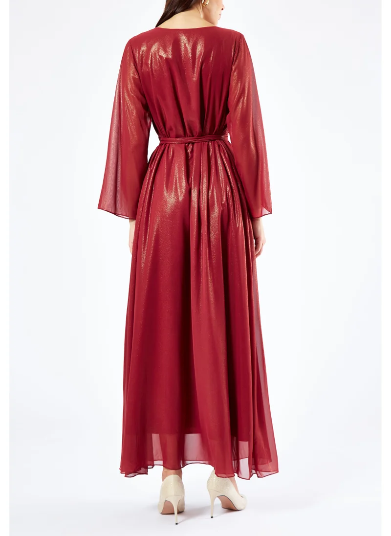 امري Simple And Elegant Chiffon A-Line Long Dress With Beautiful Embroidery Details And Round Neckline