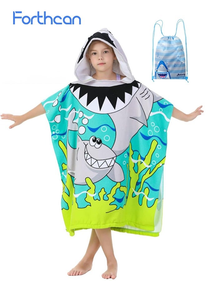 فورثكان منشفة استحمام للأطفال بقبعة على شكل بونشو، بتصميم كرتوني قرش، ناعمة وماصة وسريعة الجفاف، يمكن ارتداؤها كروب للأطفال للاستحمام والشاطئ والسباحة - Image 1