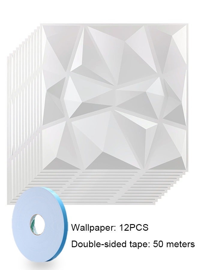 12 Pieces 3D Wall Panels, Texture PVC Wallpaper, Diamond Design Decorative Cover, Each 30x30cm White - Image 1