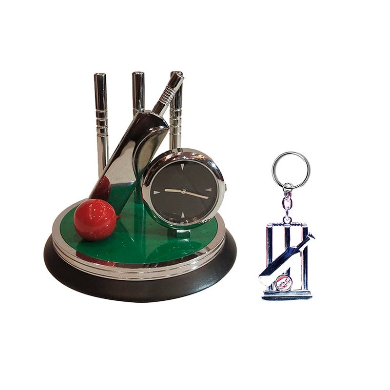 Saugat Traders Metal Analog Cricket Clock Showpiece And Cricket Keychain For Office Home Birthday Gift For Men Boys 10 Cm X 10 CmGreen - Image 1