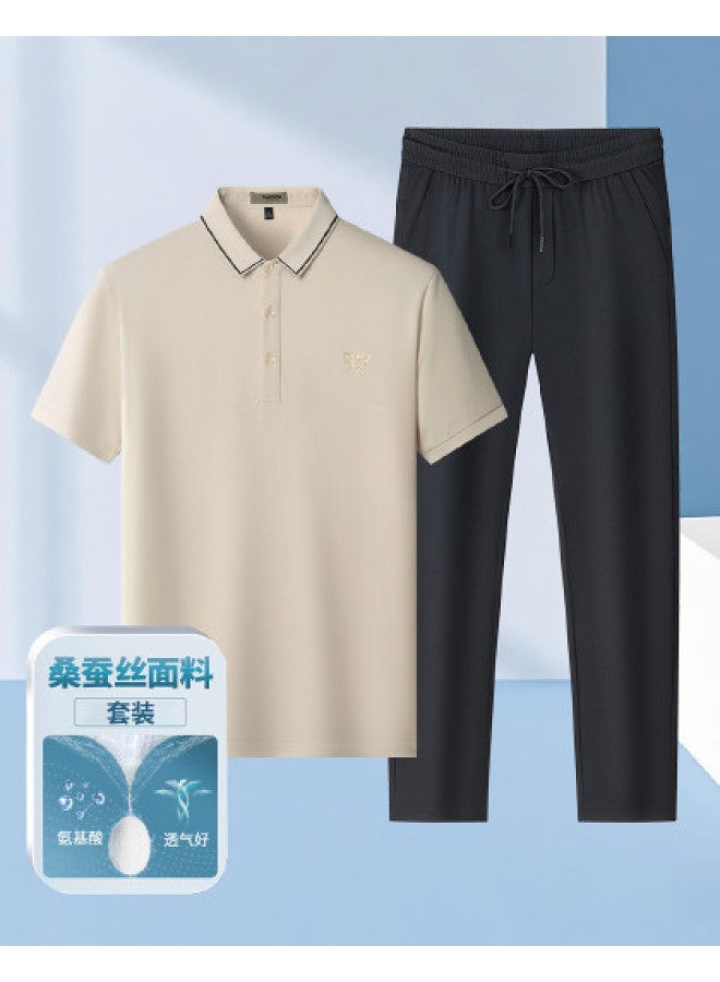 Tucano Mulberry Silk Summer Short-sleeve Polo Shirt + Cooling Silk Casual Trousers - Loose Fit Versatile Dad Men's Outfit Set - Image 1